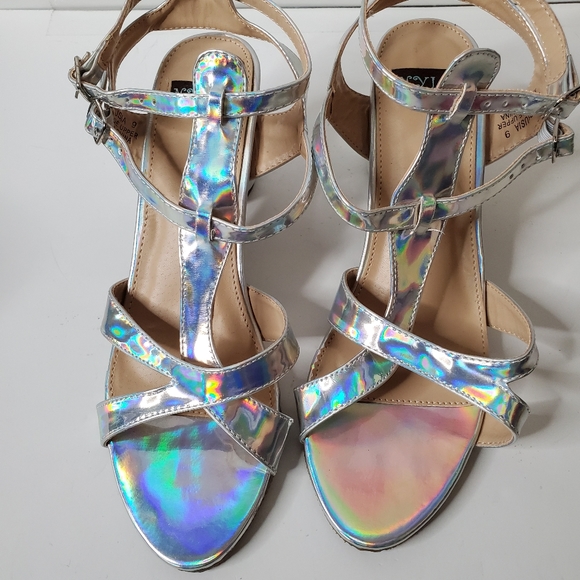 iridescent buckle sandals